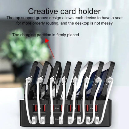 YFY Charging Stand for Home Office Devices and Tablets showing multiple phones and cables organized in grooves
