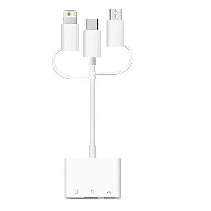Versatile Card Reader for Daily File Management on Devices — white 3-in-1 card reader with SD/TF, USB, Lightning, Micro-USB and USB-C connectors