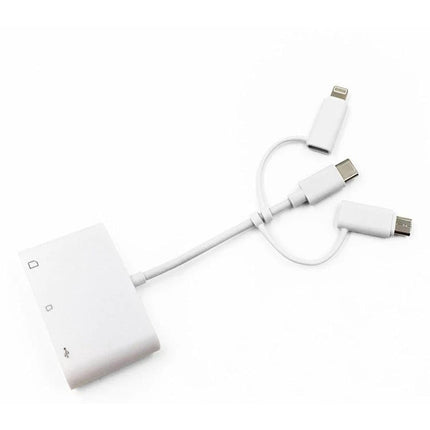 Versatile Card Reader for Daily File Management on Devices — white multi-port reader with SD, TF, USB and adapters for phone and tablet