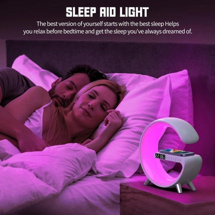 Compact Home Speaker With Wireless Charging And Ambient Light on nightstand providing sunrise simulation, Bluetooth audio and 15W Qi
