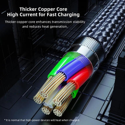 Rock USB-C Cable for Everyday Phone Charging and Data Transfer showing braided cable cutaway with thicker copper core for fast charging and stable data transfer
