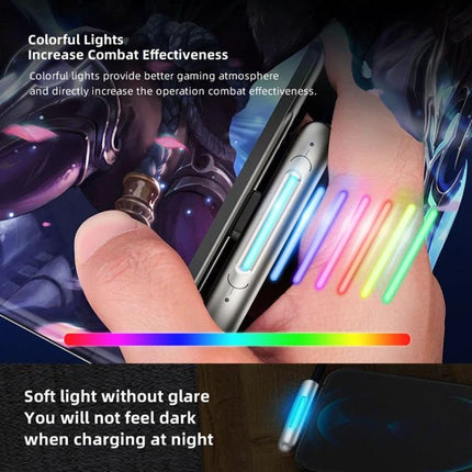 Rock USB-C Cable for Everyday Phone Charging and Data Transfer showing glowing RGB lights on a right-angle connector while charging and gaming