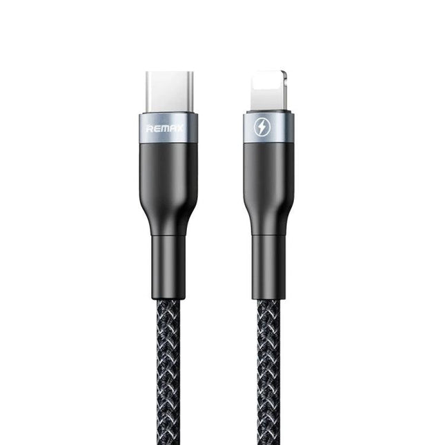 REMAX USB-C to Lightning Cable for Everyday Device Charging - braided black cable showing USB-C and Lightning connectors