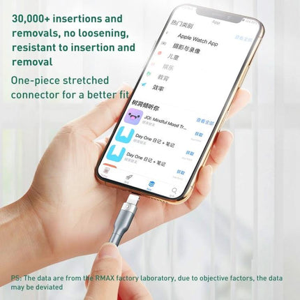 REMAX USB-C to Lightning Cable for Everyday Device Charging – hand plugging Lightning cable into iPhone, one-piece stretched connector, durable 30,000+ insertions