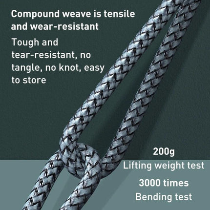 REMAX USB-C to Lightning Cable for Everyday Device Charging showing braided compound weave, tensile strength, bend and lifting test results