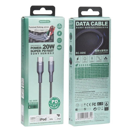 REMAX USB-C to Lightning Cable for Everyday Device Charging - braided 20W PD data cable packaging showing connectors and specs