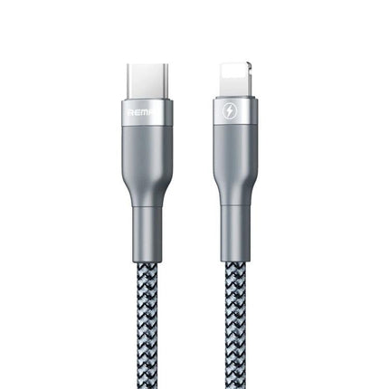 REMAX USB-C to Lightning Cable for Everyday Device Charging - braided grey cable showing USB-C and Lightning connectors for charging iPhone/iPad