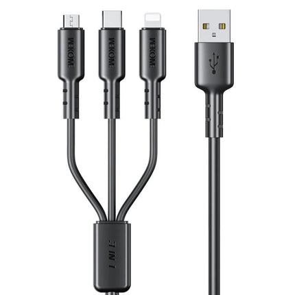 WEKOME Versatile Cable For Daily Device Charging And Travel showing three-in-one USB to micro USB, USB-C and Lightning connectors with PVC jacket