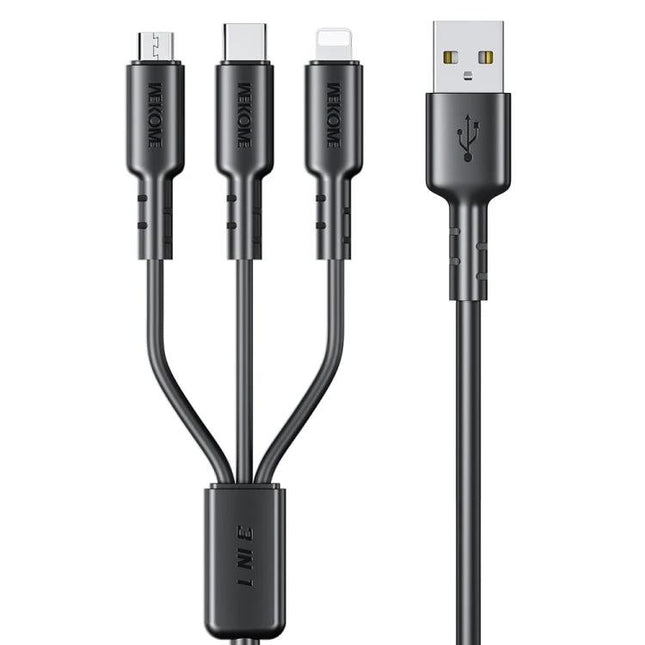 WEKOME Versatile Cable For Daily Device Charging And Travel showing three-in-one USB to micro USB, USB-C and Lightning connectors with PVC jacket
