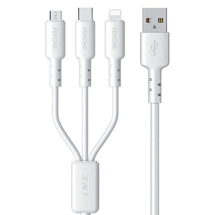 WEKOME Versatile Cable For Daily Device Charging And Travel showing white 3-in-1 USB cable with USB-A to micro USB, USB-C, and Lightning connectors