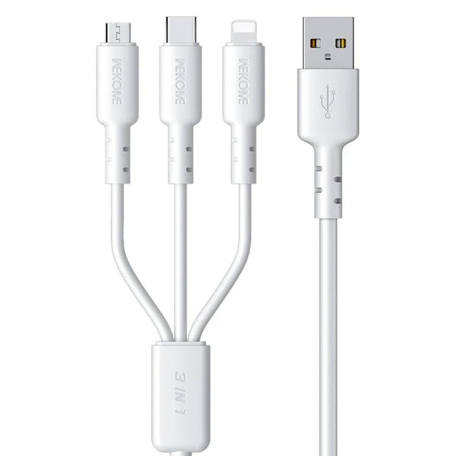 WEKOME Versatile Cable For Daily Device Charging And Travel showing white 3-in-1 USB cable with USB-A to micro USB, USB-C, and Lightning connectors