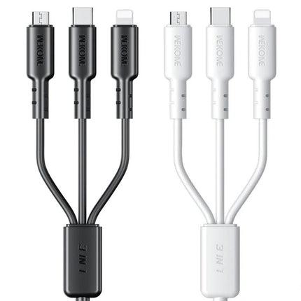 WEKOME Versatile Cable For Daily Device Charging And Travel – 3-in-1 black and white charging cable with USB‑C, Lightning, Micro‑USB connectors, 1.2m length
