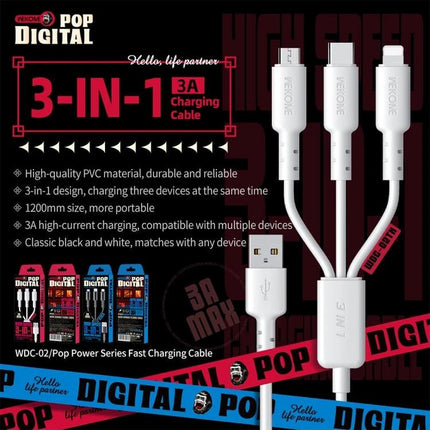 WEKOME Versatile Cable For Daily Device Charging And Travel – 3-in-1 1.2m PVC 3A charging cable for multitasking device charging on the go