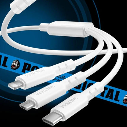WEKOME Versatile Cable For Daily Device Charging And Travel - white 3-in-1 charging cable with USB-C, micro USB and Lightning connectors