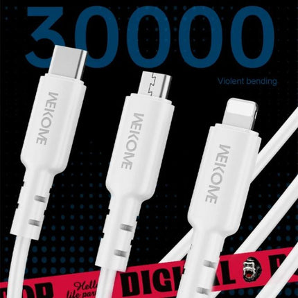 WEKOME Versatile Cable For Daily Device Charging And Travel showing three-in-one USB-C, Micro-USB and Lightning connectors with durable PVC jacket