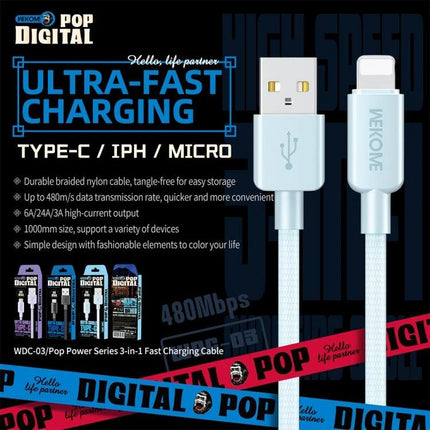 WEKOME Cable for Everyday Device Charging and Connectivity nylon braided 1m 2.4A USB to Lightning high-speed charging and data cable