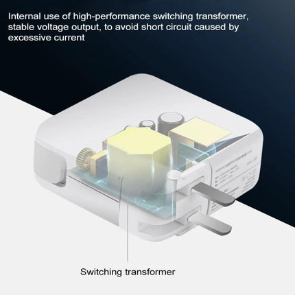 Power Adapter for Daily Charging and Travel Essentials showing internal high-performance switching transformer and compact design
