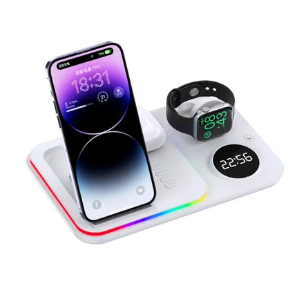 30W 4 In 1 Wireless Charger With 5W 7W 10W 15W Output For Apple Headset showing phone, Apple Watch, earbuds on white multi-device charging pad