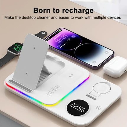 30W 4 In 1 Wireless Charger With 5W 7W 10W 15W Output For Apple Headset shown charging phone, earbuds, watch on RGB dock with digital clock