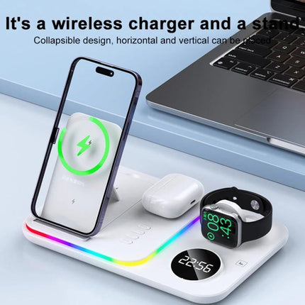 30W 4 In 1 Wireless Charger With 5W 7W 10W 15W Output For Apple Headset charging iPhone, AirPods and Apple Watch on white multi-device pad