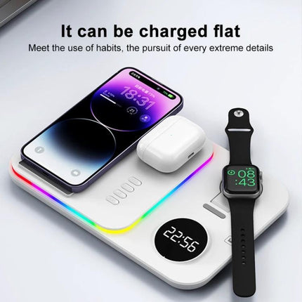30W 4 In 1 Wireless Charger With 5W 7W 10W 15W Output For Apple Headset showing phone, earbuds and smartwatch charging on white pad