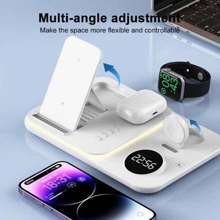 30W 4 In 1 Wireless Charger With 5W 7W 10W 15W Output For Apple Headset multi-device stand showing phone, earbuds, watch and angled wireless charging pad