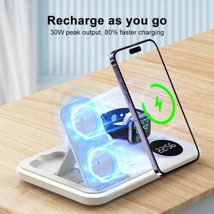 30W 4 In 1 Wireless Charger With 5W 7W 10W 15W Output For Apple Headset showing phone, watch, earbuds charging on foldable dock