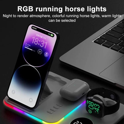 30W 4 In 1 Wireless Charger With 5W 7W 10W 15W Output For Apple Headset showing phone, earbuds, smartwatch on RGB base