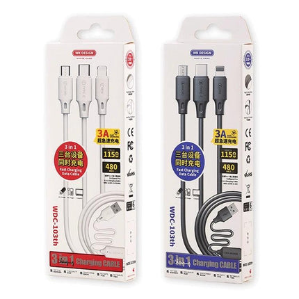 Multi-Device Charging Cable for Daily Home and Travel Use - 3-in-1 fast charging cable in white and black packaging