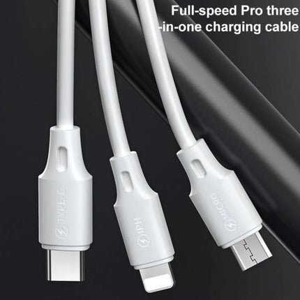 Multi-Device Charging Cable for Daily Home and Travel Use showing three connectors (USB-C, Lightning, Micro-USB) in white for charging phone tablet and accessories