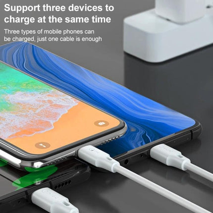 Multi-Device Charging Cable for Daily Home and Travel Use showing three devices charging simultaneously with tidy white cables