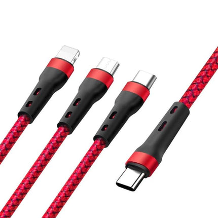Multi-Device Charging Cable for Daily Device Connections - red braided 3-in-1 cable with Lightning, Micro USB and USB-C connectors for phone tablet accessories