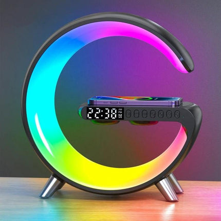 Bluetooth Bedside Speaker With Sunrise Light And Charger on nightstand showing colorful sunrise lamp, alarm clock display and wireless charging
