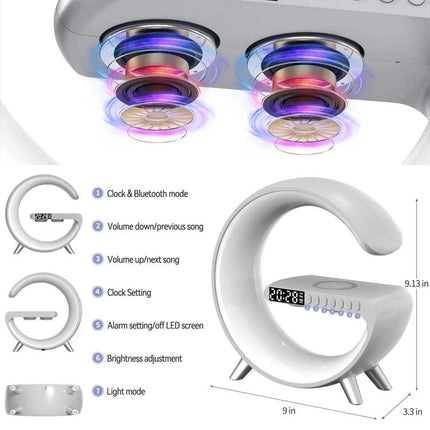 Bluetooth Bedside Speaker With Sunrise Light And Charger on nightstand with alarm clock LED and wireless charging