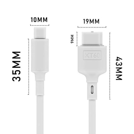 50cm USB-C to XT60 Data Cable for Device Charging and Transfer showing white USB-C and XT60 connectors with dimensions (35mm, 43mm, 10mm, 19mm)