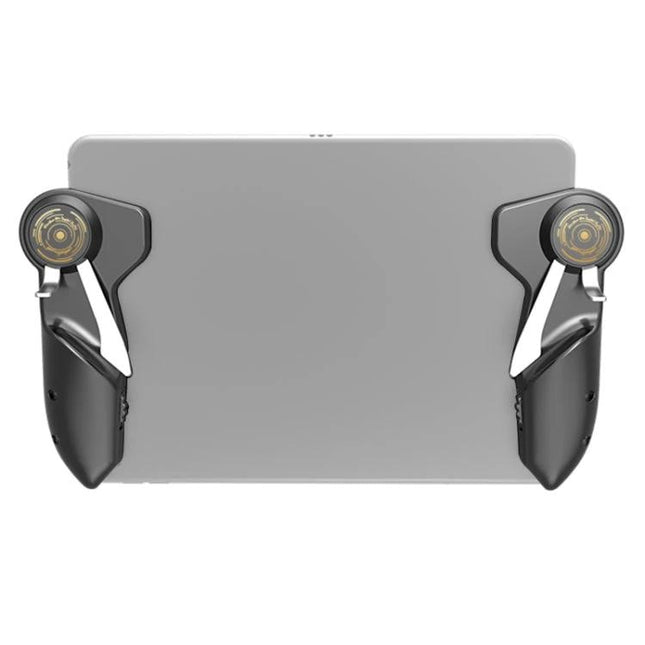 MeMo Six-Finger Controller for Everyday Tablet Gaming Sessions - black ergonomic clip-on grips with dual triggers shown on tablet back