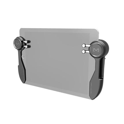 MeMo Six-Finger Controller for Everyday Tablet Gaming Sessions attached to tablet showing dual clip-on triggers for precise mobile gaming