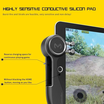 MeMo Six-Finger Controller for Everyday Tablet Gaming Sessions showing conductive silicon pad attached to tablet for precise aiming and movement