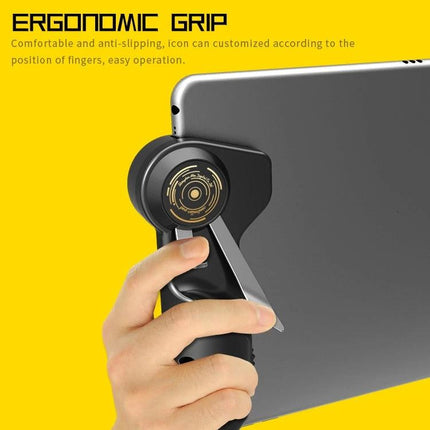 MeMo Six-Finger Controller for Everyday Tablet Gaming Sessions ergonomic grip on tablet showing hand using controller