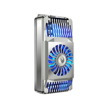Compact Phone Cooling Bracket for Daily Use and Travel showing silver clip-on fan cooler with blue LED vents
