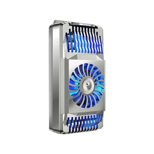 Compact Phone Cooling Bracket for Daily Use and Travel showing silver clip-on fan cooler with blue LED vents