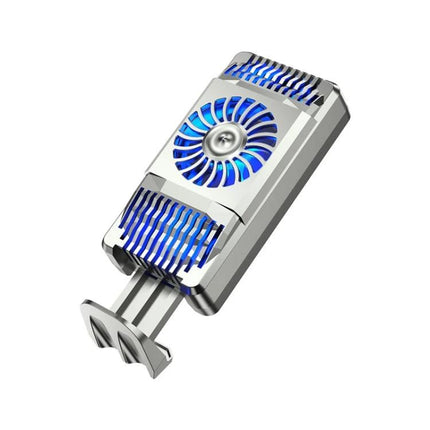 Compact Phone Cooling Bracket for Daily Use and Travel — silver portable clip-on phone cooler with blue LED fan for gaming and travel