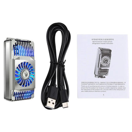 Compact Phone Cooling Bracket for Daily Use and Travel shown with USB-C cable and instruction manual, portable clip-on cooling fan for phones