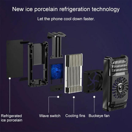 Compact Phone Cooling Bracket for Daily Use and Travel showing exploded view of refrigerated ice porcelain, wave switch, cooling fins and Buckeye fan
