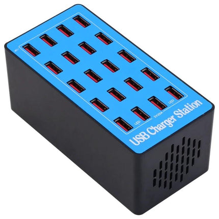 Multi-Device USB Charging Station for Everyday Home Essentials on desk charging multiple smartphones and tablets, blue top with 16 USB ports