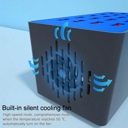 Multi-Device USB Charging Station for Everyday Home Essentials compact cube with built-in silent cooling fan and ventilation slots