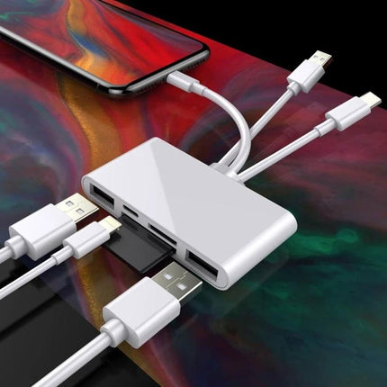 Adapter for Easy Photo Transfer from Camera to iPhone on the Go showing memory card slot and multiple connectors for mobile photo import