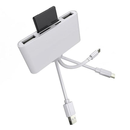 Adapter for Easy Photo Transfer from Camera to iPhone on the Go - compact white card reader with multiple connectors for travel photographers
