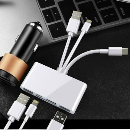 Adapter for Easy Photo Transfer from Camera to iPhone on the Go - compact multi-port card reader and cable hub for photographers and travelers