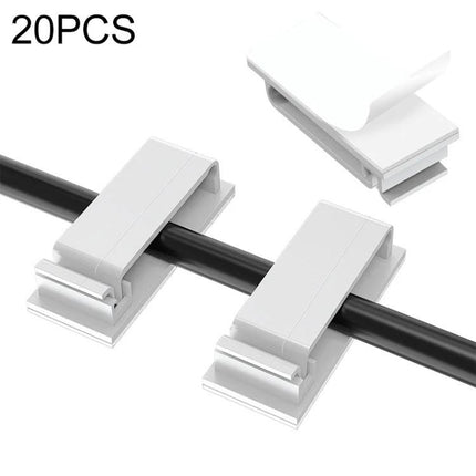 Cable Clips for Organizing Desk Cables in Daily Workspaces - white plastic adhesive clips holding power and USB cords tidy